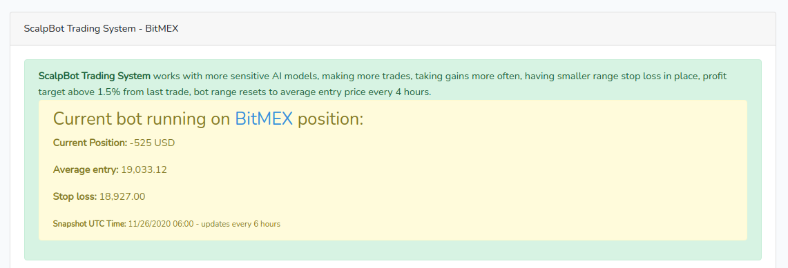 Bitcoin bot running on BitMEX current positions, stops, equity charts in BTC and USD, AI buy sell signals strength chart. 